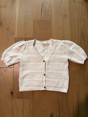 Short-Sleeve Cream Knit Button-Front Cardigan